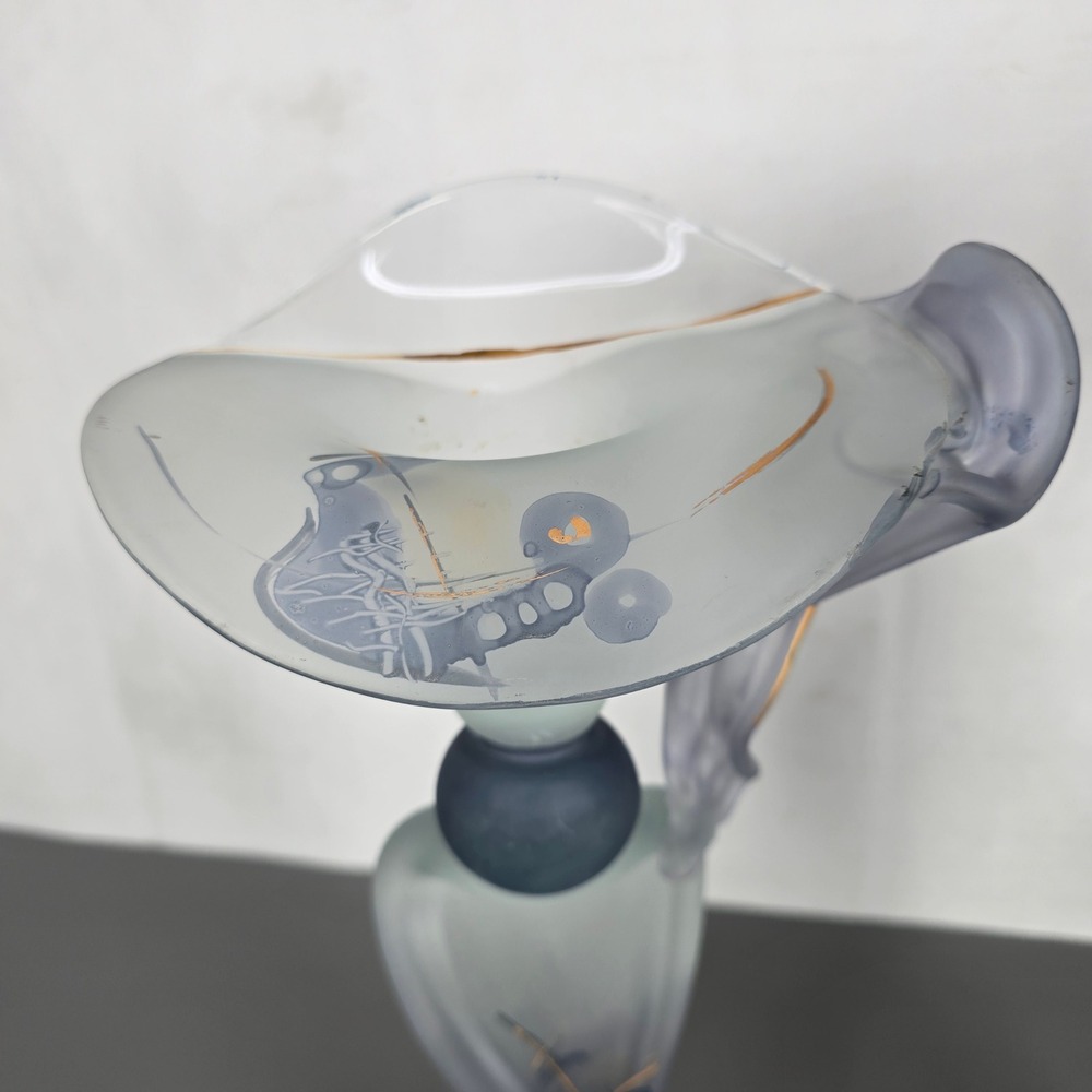 Ion Tamaian Signed Studio Art Glass Candle Holders Pair Frosted Blue Gold Gilt - Picture 2 of 16